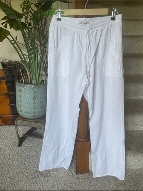 Cotton Collection Women's White Drawstring Cotton Beach Pants